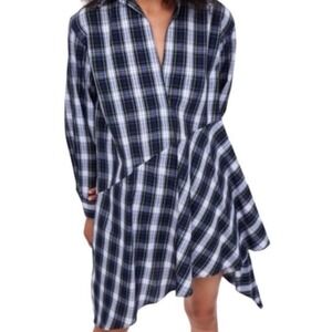 Zara Woman Plaid Asymmetrical Hem Long Sleeve Button Down Shirt Dress Size S